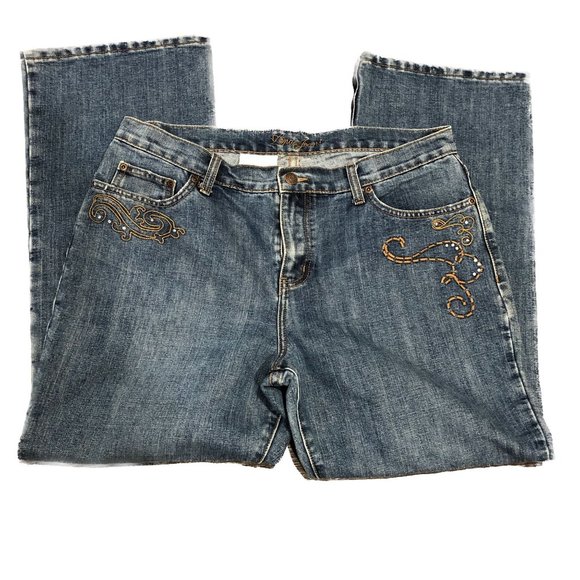 Zena Jeans Med Wash Embellished Brown Embroidery Rhinestones Womens Sz 14P - Picture 1 of 14
